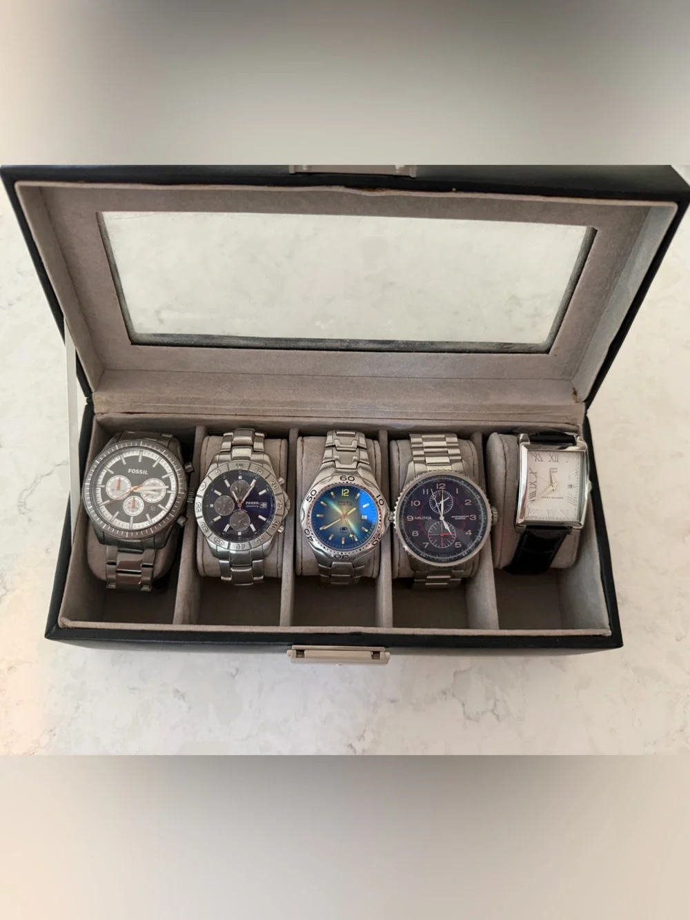 5 men’s watches- 3 Fossil, 1 Nautica and 1 Tommy Hilfiger. All need new battery